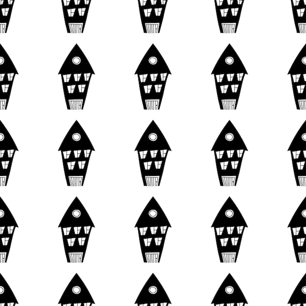 Patroon met huizen in zeer fijne tekeningen Zwarte huizen silhouet en overzicht naadloze patroon met raam en deur Eindeloze print achtergrondstructuur