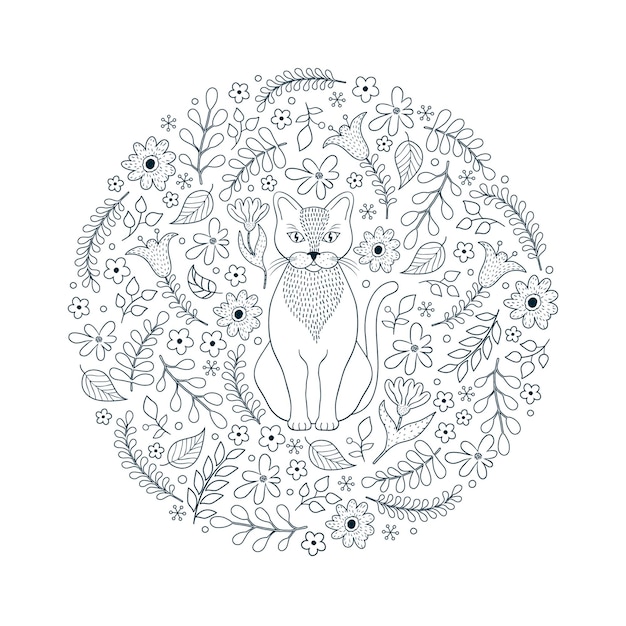 Patroon met kat en bloemen op witte achtergrond