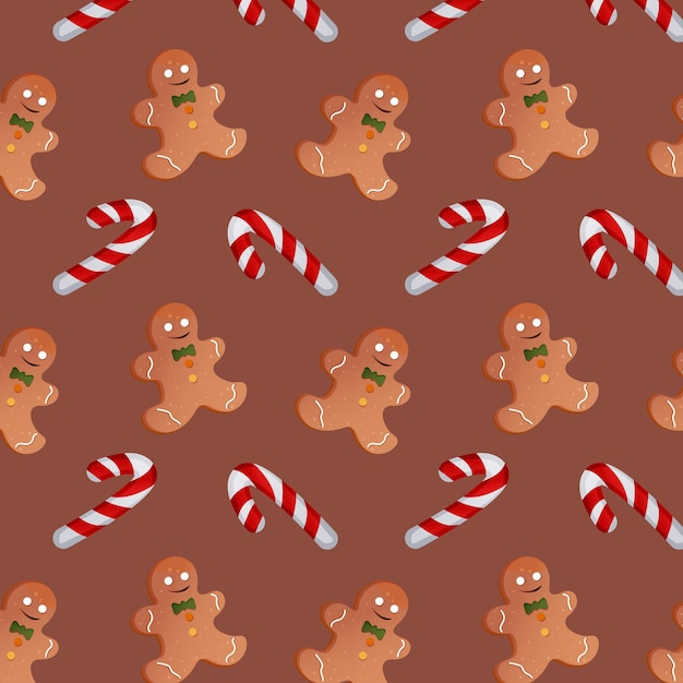 Patroon met kerstsnoepjes en peperkoekmannen op een bruine achtergrond. vector illustratie