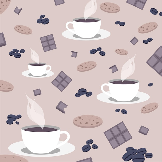 Patroon met koffiekopjes, koffiebonen, koekjes en chocolade. Vector illustratie.