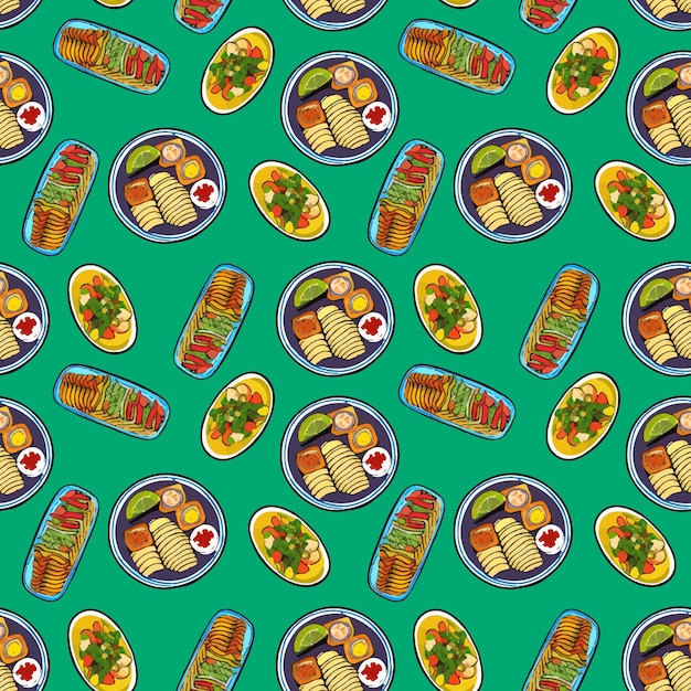 Patroon met Mexicaanse traditionele gerechten. Taco, burrito, limoen. Naadloos patroon in cartoon-stijl.