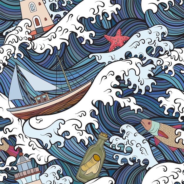 Patroon met zee golven boten vissen vuurtoren koraal en nauticalthemed maritieme elementen