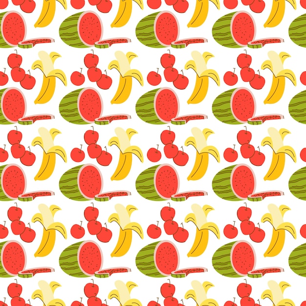 Patroon naadloos met fruitelement Doodle watermeloen banaan kersen elementen Naadloze patroon vector Hand getrokken illustraties