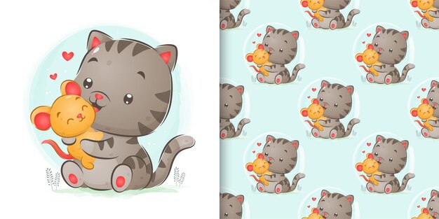 Patroon set muis spelen met grote kat in aquarel illustratie