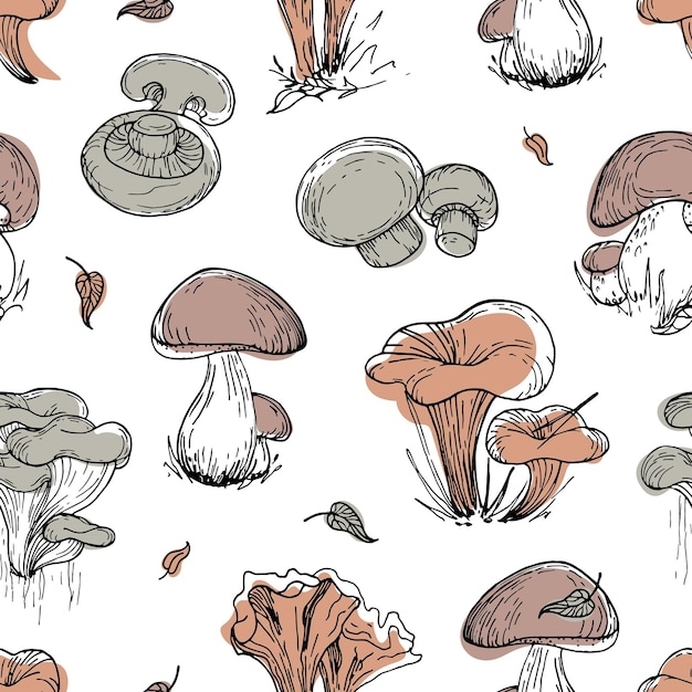 Patroon van eetbare paddenstoelen Vintage botanische illustratie Grafische objecten in trendy natuurlijke aardetinten In schetsstijl Voor café gezond voedsel ontwerp behang afdrukken op stofverpakking
