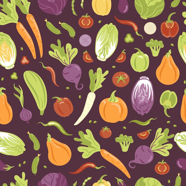 Vector patroon van groenten in vlakke stijl diverse verse vegetarische producten landbouw ontwerpelementen oogsten gezonde levensstijl voor behangafdrukken op stoffen inpakachtergrond