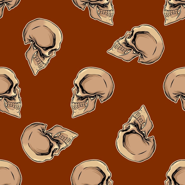 Patroon van handgetekende schedels op een terracotta achtergrond om af te drukken en te decoreren vectorillustratie