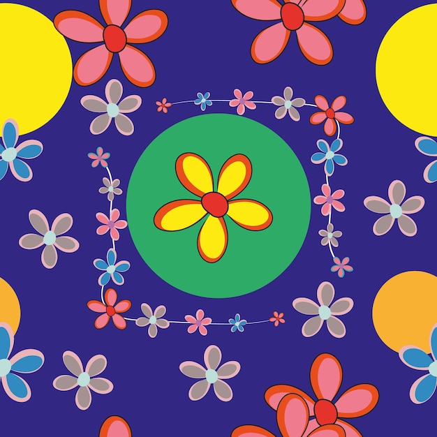 Patroon van heldere grafische bloemen op een blauwe achtergrond