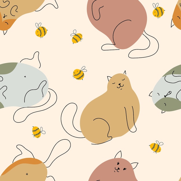 Patroon van kattenpootafdrukken en bolletjes garen Afdrukken in pastelkleuren met grappige dieren Huisdieren Met de hand tekenen Naadloze patroon vectorillustratie