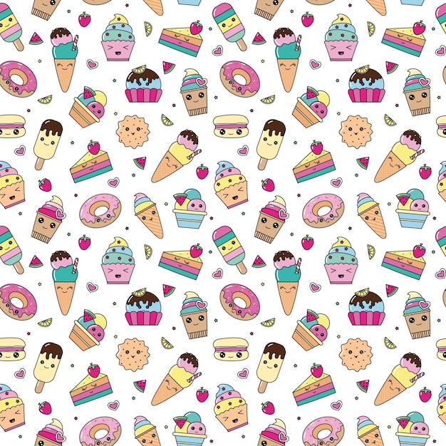 patroon van kawaii dessert zoet en dessert doodle patroon met schattige cake donat cartoon cookies