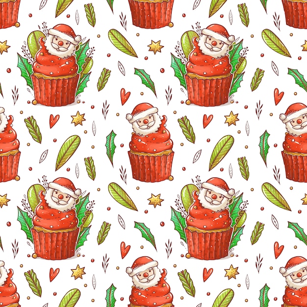 Vector patroon van kerstmis cupcake met cartoon santa. kawaii cupcake met rode room. cupcake met bladeren, takken, kraal