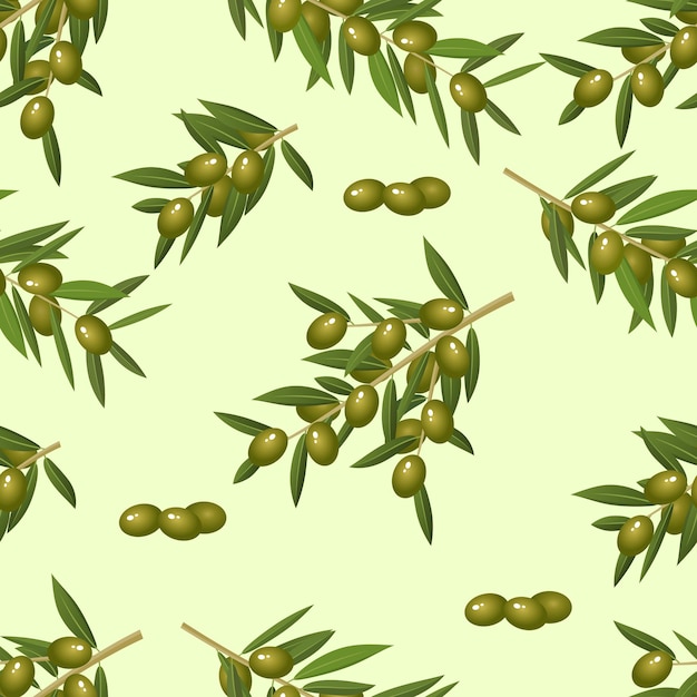 Vector patroon van olijftakkennaadloos patroon van olijfboomproducten op een lichtgroene achtergrond