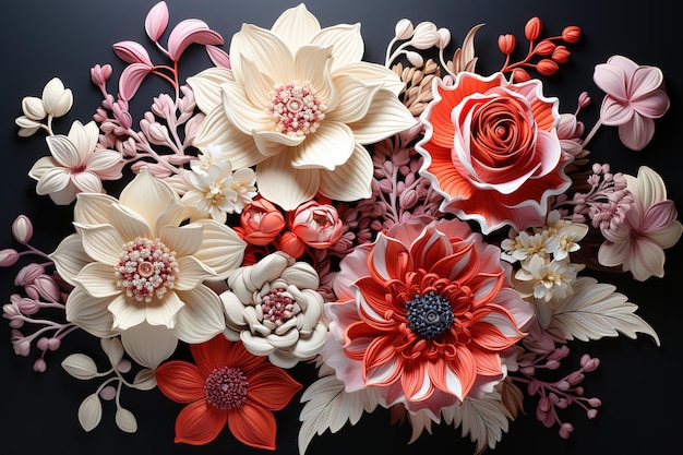 patroon van papieren rozen met andere bloemen achtergrond of achtergrond voor valentines of mooi teken