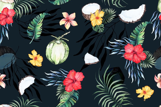 patroon van plumeria, bloem en kokosnoot met waterverf voor stof en behang. Botanische achtergrond