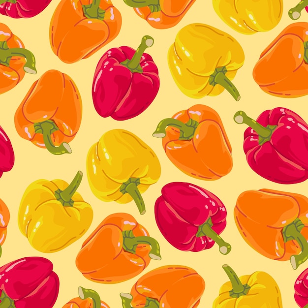 Patroon van realistische gekleurde paprika's op een gele achtergrond om af te drukken en te ontwerpen Vectorillustratie