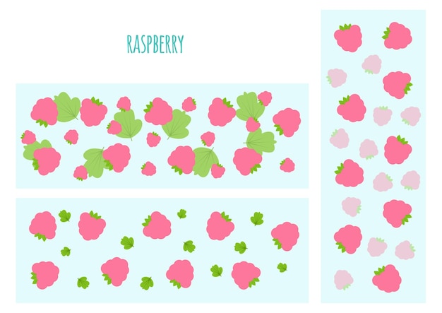 Patroon van roze eenvoudige frambozen met groene bladeren op een blauwe achtergrond