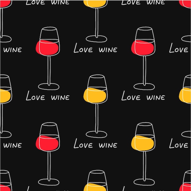 Patroon van schets zoete droge wijn in glas met wijnliefhebbers citeren rode witte wijn op zwart