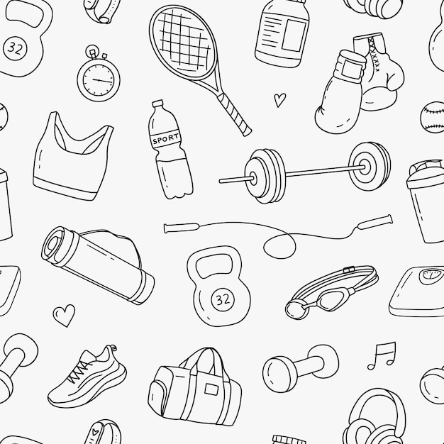 Patroon van sportapparatuur schets iconen Hand getekende schets van een gezonde sport sportschool Vector illustratie