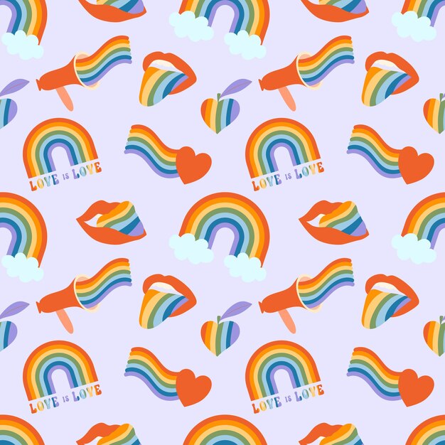 Patroon voor LGBTQ-gemeenschapssymbolen retro trots maand vibes met regenboog clipart-elementen