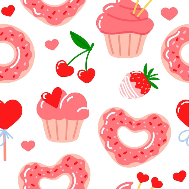 Patroon voor valentijnsdag donuts en cupcakes in cartoon-stijl