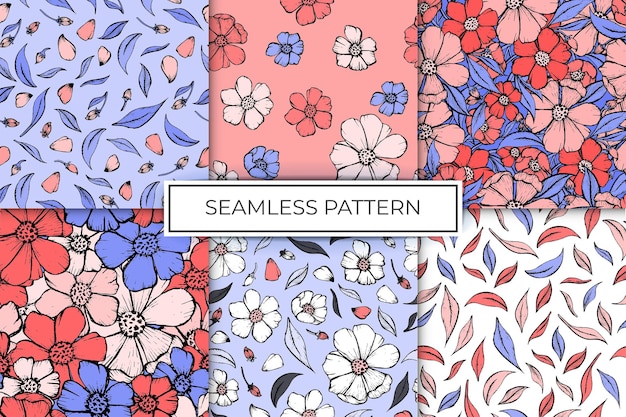 Patrooncollectie Kleurrijke bloem met omtrek en kleur voor textiel voor printontwerpdecor