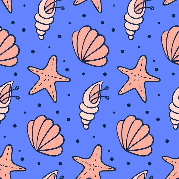 Patroonkrabbel van schelpen en stervissen met stippen op een blauwe achtergrond. Mariene vector patroon