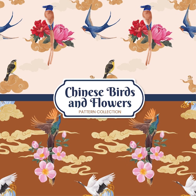 Patroonnaad met vogel- en chinees bloemconcept, aquarelstijl