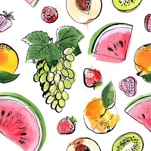 Patroonschets voedsel aquarel inkt fruit op een witte achtergrond granaatappel grapefruit kiwi watermeloen limoen