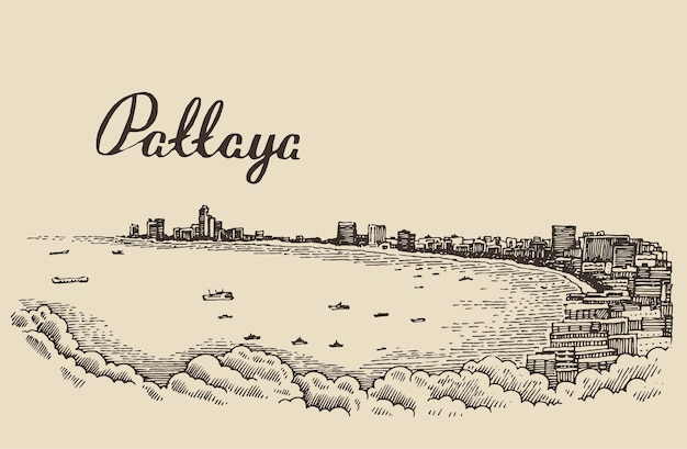 Pattaya Beach skyline, Thailand, gegraveerde vectorillustratie, met de hand getekend