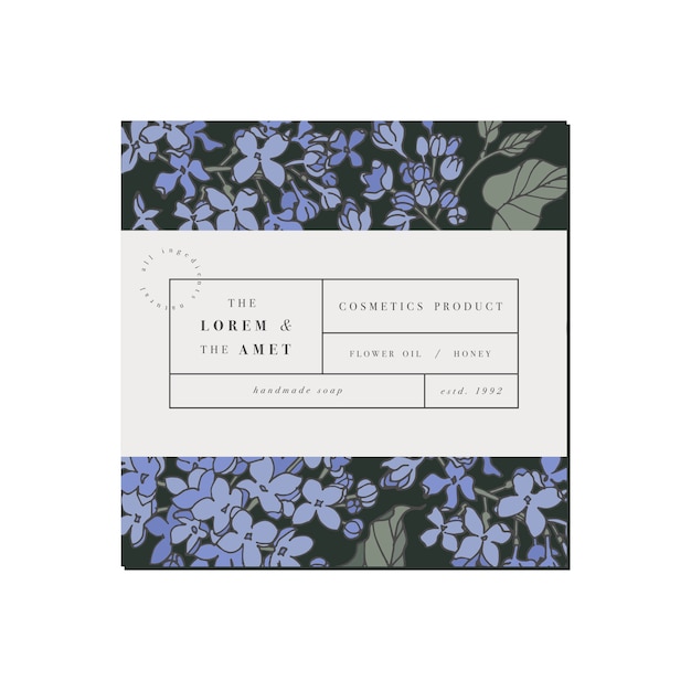 Patten for cosmetics with label template design.  lilac flowers. organic, natural cosmetic.