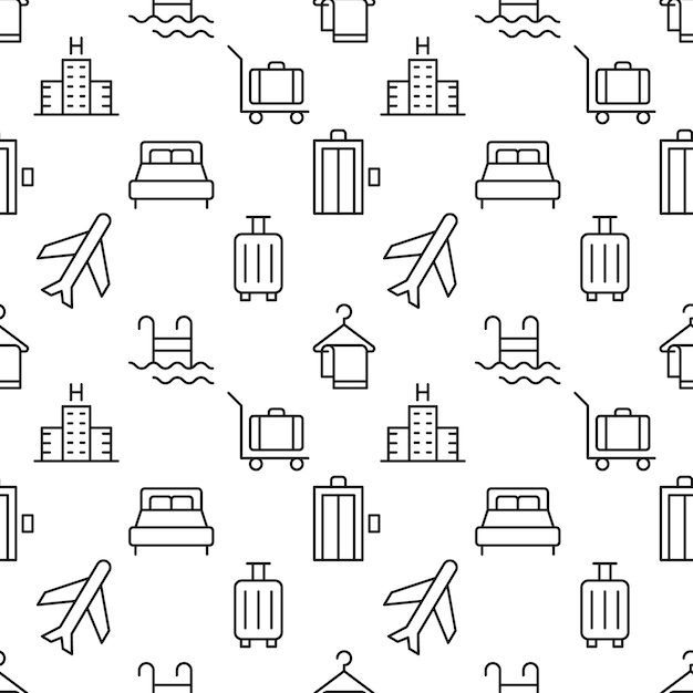 Pattern of airplane hotel luggage elevator pool bed made of various line icons