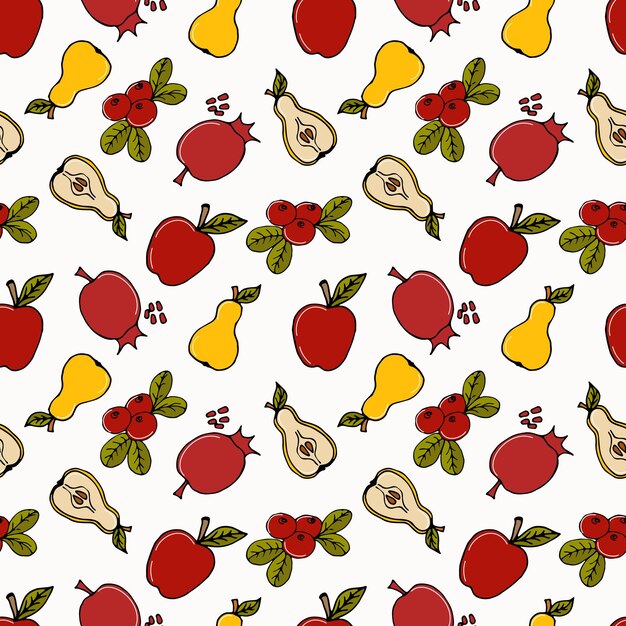 Vector pattern apples pears pomegranates and cranberries on white