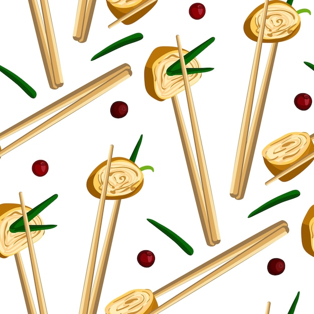 A pattern of Asian tamago omelet in Chinese sticks with a decoration of green onions and berries