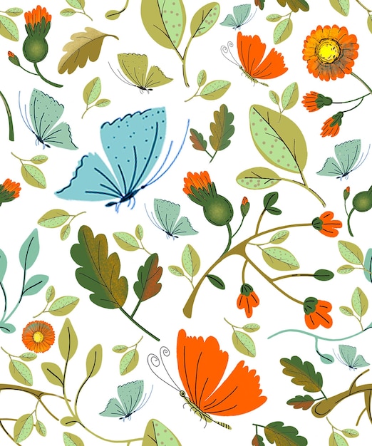 Pattern background of flowers of terracotta and green shades Spring autumn vintage bouquet