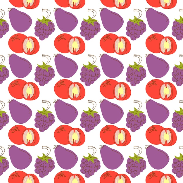 Pattern background with fruit elements of tomato eggplant grapes Cute vector seamless pattern