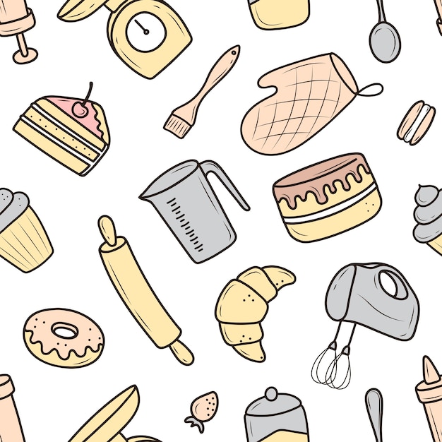 Vector a pattern of baking and cooking tools, a mixer, a cake, a spoon, a cupcake, a scale. vector illustration in the doodle style. a sketch drawn by hand on a white background.