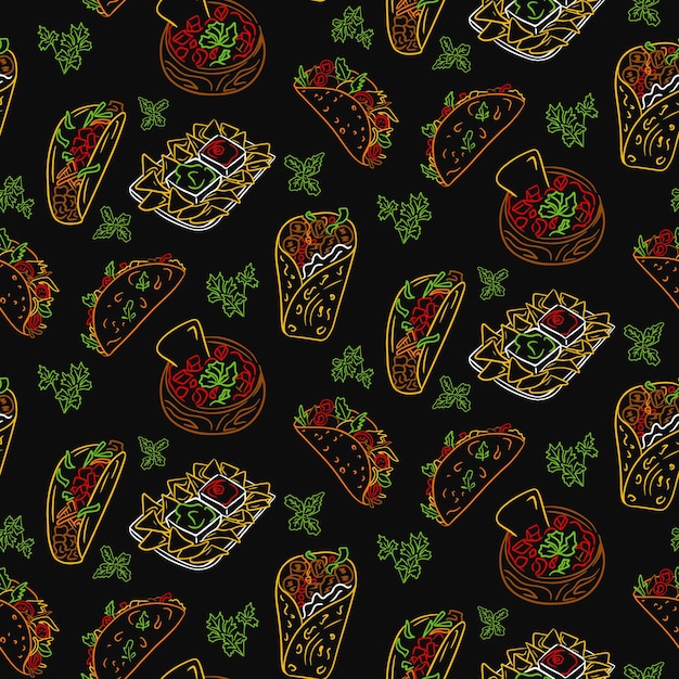 Pattern on black background with Mexican food