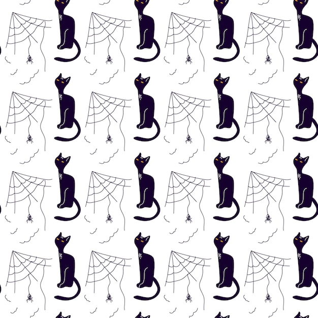 Pattern black cats and spider Halloween Hand drawn illustration Repeat background for wallpaper