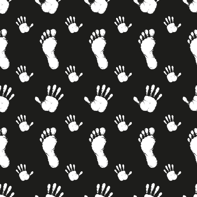 Pattern black prints of palms and feet on a black background