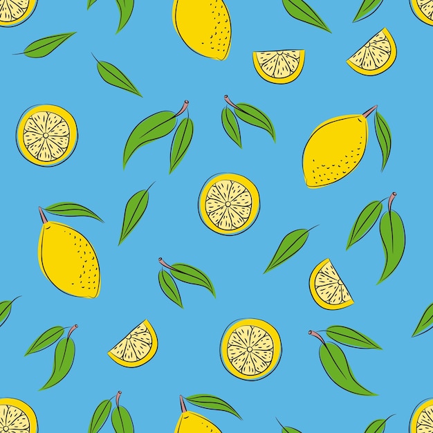 Pattern on a blue background with lemon and lemon slices