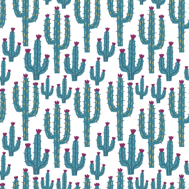 Pattern of blue cacti with purple flowers on white background