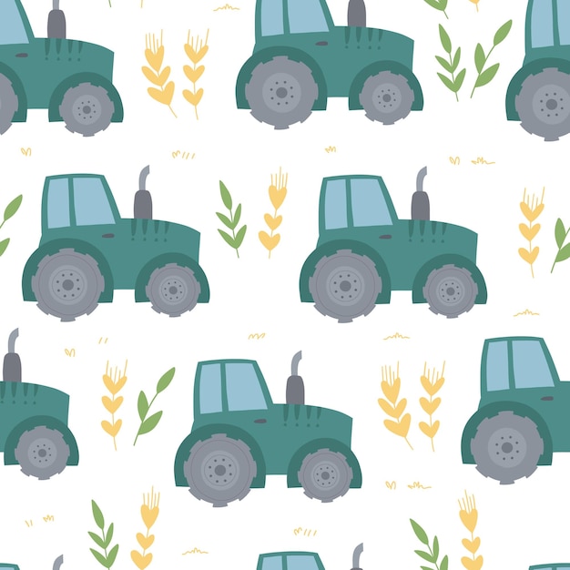 Pattern of blue tractors and wheat on a white background