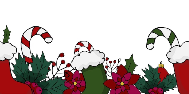 Pattern, border template. Christmas elements with flowers, boots,candy. Drawn style. Vector illustra