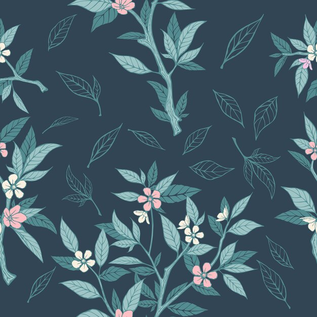 Pattern branch leaves flowers green background