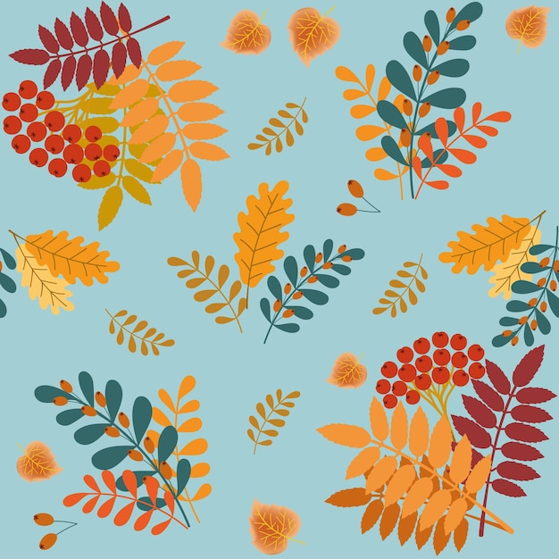 pattern of bright autumn leaves, rowan berries on a blue background