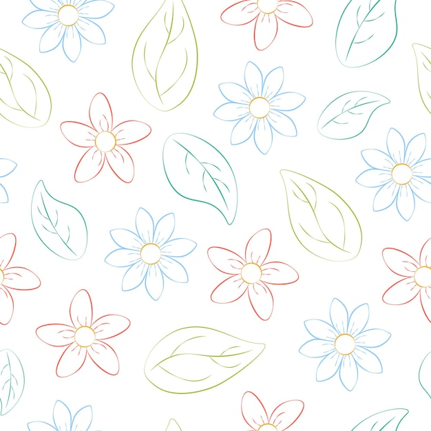 Pattern. Bright seamless pattern with the image of multicolored flowers and green leaves. A pattern drawn by hand with a pencil. Vector illustration on a white background