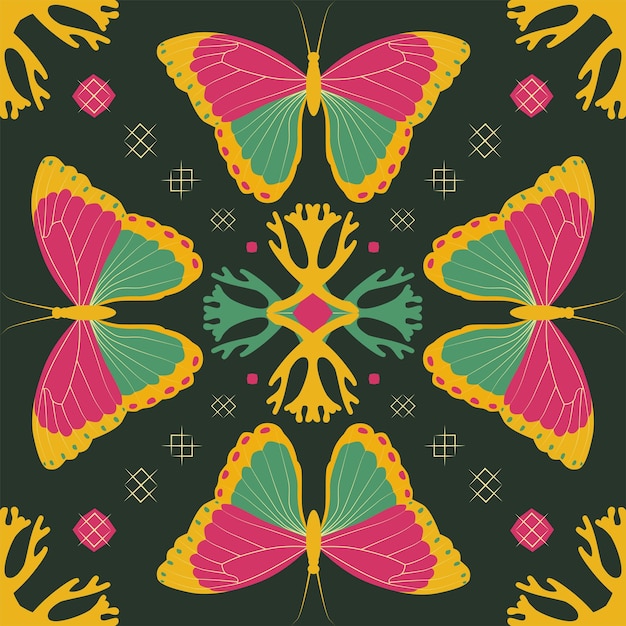 Pattern of bright tropical butterflies in a square