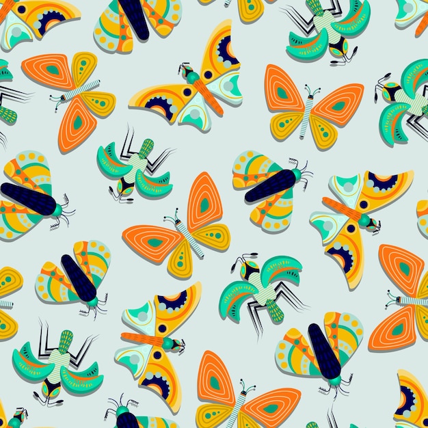 Pattern of butterflies and insects on blue background vector illustration