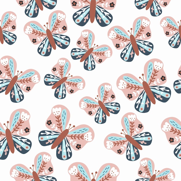 A pattern of butterflies with a pink and blue pattern on a white background