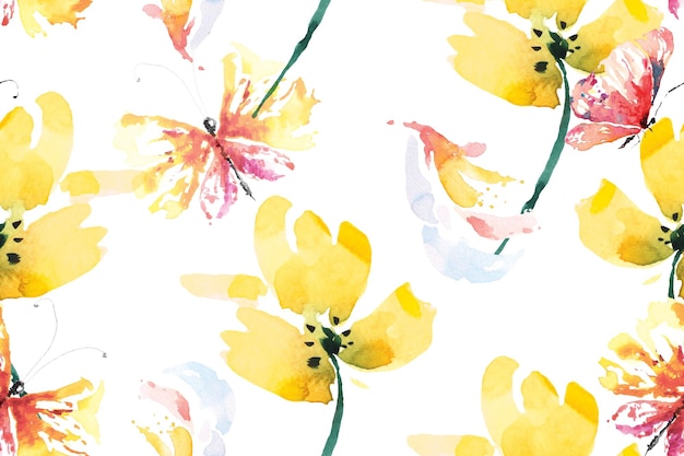 Pattern of butterfly and blooming flowers with watercolor for fabric and wallpaper.Botanical pattern